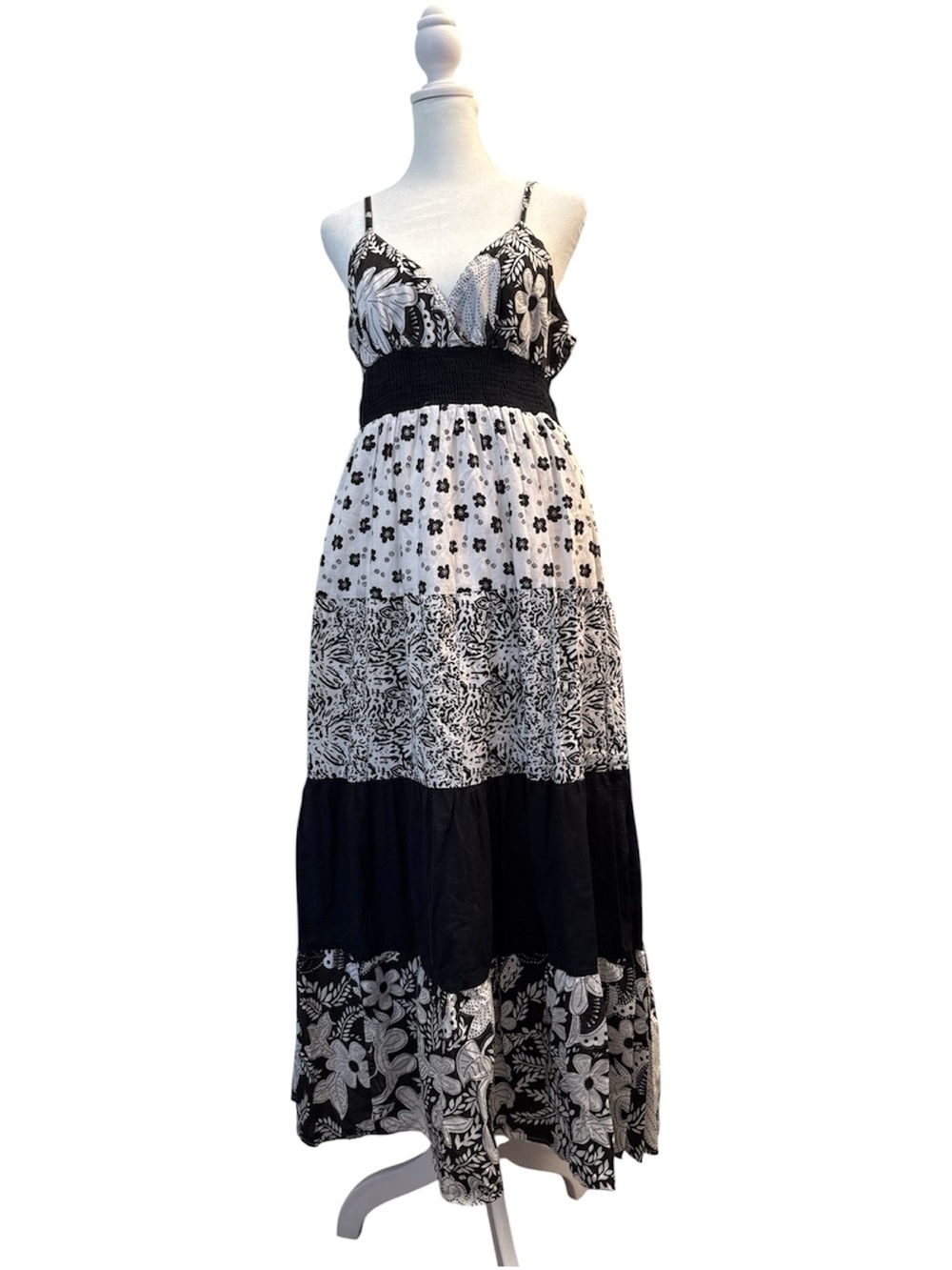 Black & White Floral Tiered Maxi Dress with Smocked Waist
